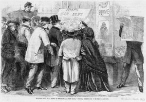 This 1861 Illustrated London News engraving of New Yorkers scrambling for information about the Civil War demonstrates the powerful intersections between media and society that journalism historians highlight in their research. Library of Congress